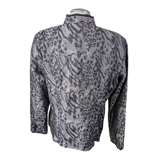 Coldwater Creek Womens Jacket L Metallic Gray Black Animal Print Ruffle Trim - Picture 4 of 6